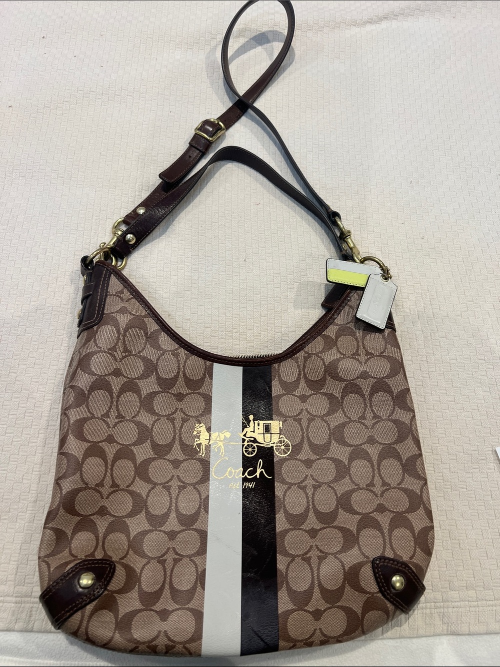 Coach Brown Signature Stripe Shoulder Bag with Gold Logo